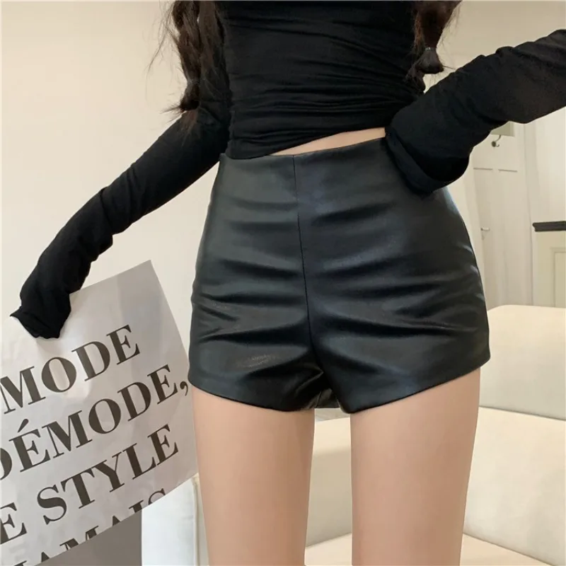 PU Leather Shorts Women Solid  - Street Fashion Korean Girl review and price