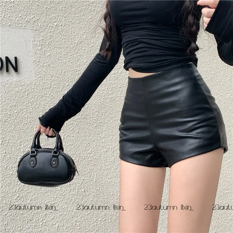 PU Leather Shorts Women Solid  - Street Fashion Korean Girl review and price